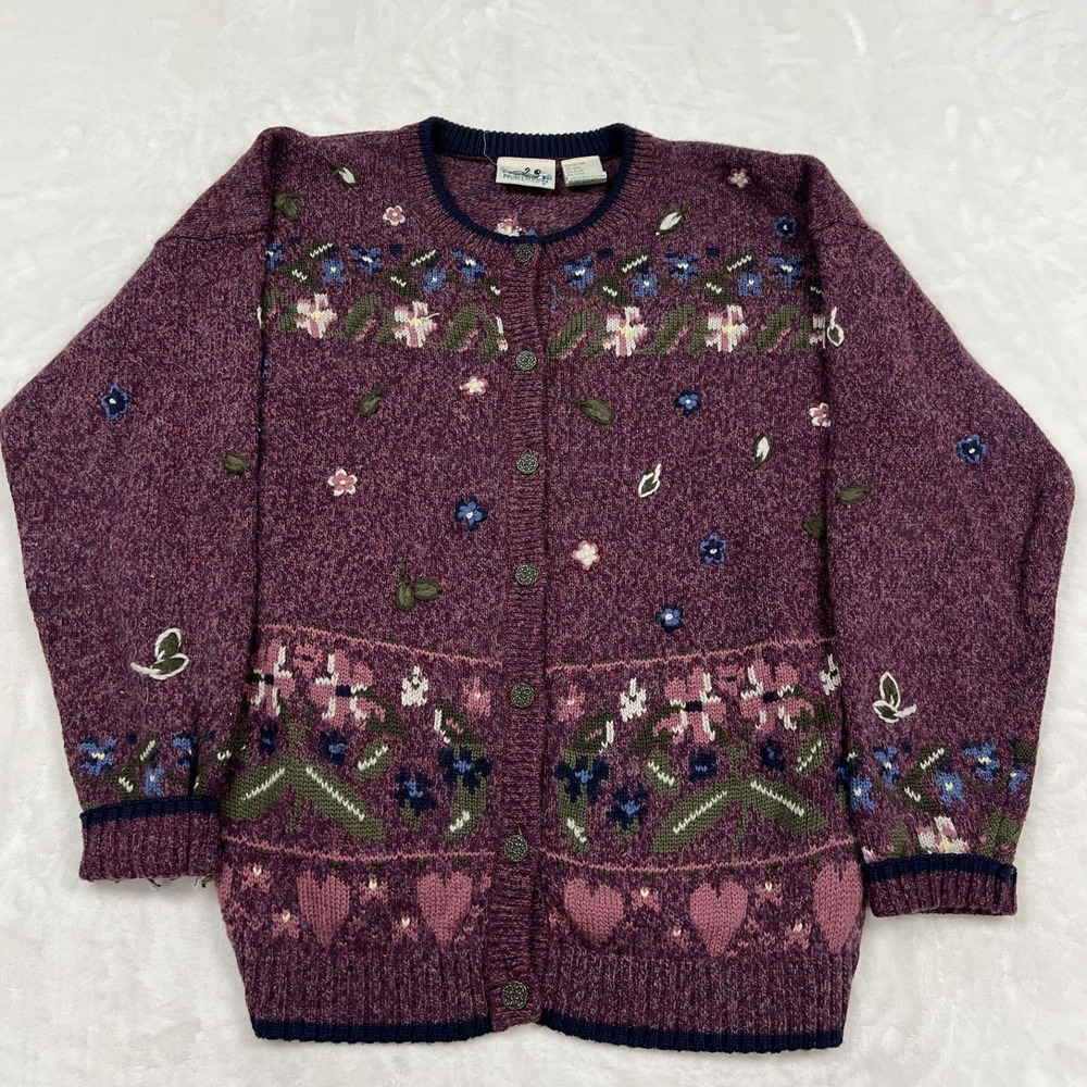 Northern Reflections Cardigan Womens XL Purple Floral Embroidered Wool Blend